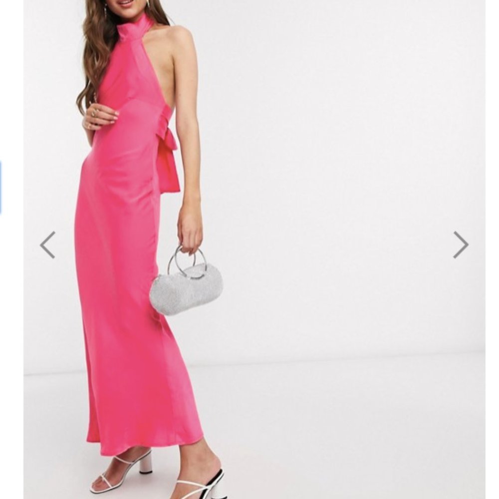 Satin halterneck maxi dress in hot pink